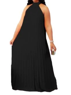 Women's Plus Size Curve Shift Dress Solid Color Halter Neck Ruched Sleeveless Spring Summer Basic Maxi Long Dress Casual Daily Dress -HAYz Clothing Shop mywtzg1654676760321