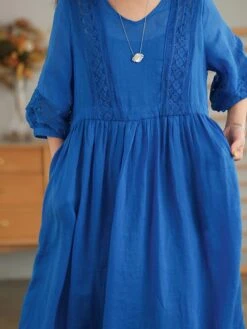 Women's Casual Dress Cotton Linen Dress Midi Dress Linen / Cotton Blend Basic Classic Outdoor Daily Vacation V Neck Lace Up 3/4 Length Sleeve Fall Autumn 2023 Loose Fit Black White Yellow Plain M L -HAYz Clothing Shop mzbysf1693203399317