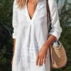Women's Cotton Linen Dress Casual Dress Shift Dress Mini Dress Cotton Blend Casual Mature Winter Dress Daily Holiday Deep V Ruched Long Sleeve Summer Spring Fall 2023 Loose Fit Black White Wine Pure
