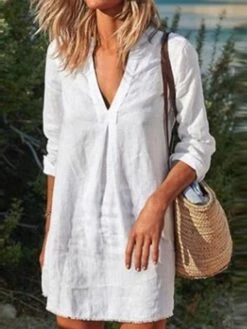 Women's Cotton Linen Dress Casual Dress Shift Dress Mini Dress Cotton Blend Casual Mature Winter Dress Daily Holiday Deep V Ruched Long Sleeve Summer Spring Fall 2023 Loose Fit Black White Wine Pure