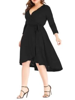 Women‘s Plus Size Curve Work Dress Semi Formal Dress Wrap Dress Fashion Midi Dress Lace Up V Neck Long Sleeve Plain Regular Fit Black Blue Spring Fall XL XXL 3XL 4XL 5XL -HAYz Clothing Shop mzeuvf1691402324686