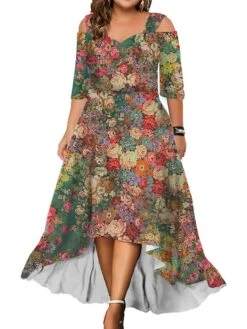 Women‘s Plus Size Curve Party Dress Wedding Guest Dress Swing Dress Long Dress Maxi Dress Black Pink Red 3/4 Length Sleeve Floral Cold Shoulder Summer Spring Fall V Neck Fashion Birthday Wedding Guest -HAYz Clothing Shop mzgqge1690428423108