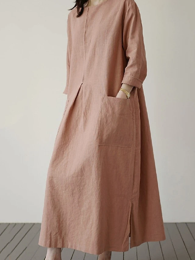 Women's Casual Dress Cotton Linen Dress Maxi Long Dress Linen / Cotton Blend Basic Classic Outdoor Daily Vacation Crew Neck Pocket Split 3/4 Length Sleeve Spring Fall Autumn 2023 Loose Fit Red Apricot 5 Women's Casual Dress Cotton Linen Dress Maxi Long Dress Linen / Cotton Blend Basic Classic Outdoor Daily Vacation Crew Neck Pocket Split 3/4 Length Sleeve Spring Fall Autumn 2023 Loose Fit Red Apricot - Image 5