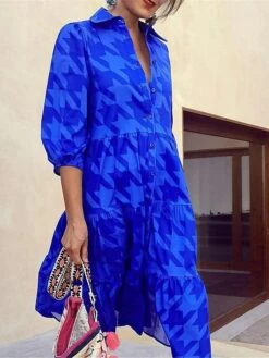 Women's Shirt Dress Casual Dress Midi Dress Outdoor Daily Polyester Fashion Elegant Shirt Collar Button Print Half Sleeve Summer Spring Fall 2023 Loose Fit Blue Houndstooth S M L XL XXL