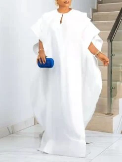 Women‘s Plus Size Curve Casual Dress Shift Dress Kaftan Dress Solid Color Long Dress Maxi Dress Half Sleeve Ruffle Crew Neck Elegant Vacation White Yellow Summer Spring One Size -HAYz Clothing Shop mzqqmx1677653319007