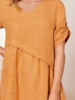 Women's Casual Dress Cotton Linen Dress A Line Dress Midi Dress Cotton Blend Basic Modern Outdoor Daily Vacation Crew Neck Ruched Patchwork Short Sleeve Summer Spring 2023 Loose Fit Orange Plain S M -HAYz Clothing Shop naiyfn1676517071602