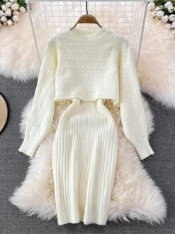 Women's Two Piece Dress Set Casual Dress Sheath Dress Outdoor Daily Fashion Streetwear Ruched Midi Dress Crew Neck Long Sleeve Plain Loose Fit Black White Wine Fall Winter One-Size -HAYz Clothing Shop nbbbtx1694057141315