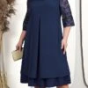 Women's Plus Size Curve Party Dress Lace Dress Cocktail Dress Midi Dress Pink Dark Blue Light Blue 3/4 Length Sleeve Floral Lace Spring Fall Winter Crew Neck Fashion Birthday Wedding Guest