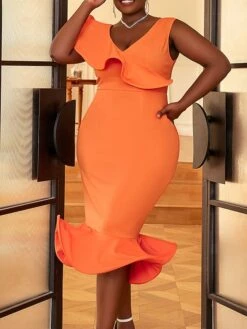 Women's Plus Size Curve Party Dress Bodycon Sheath Dress Plain Midi Dress Sleeveless Ruffle V Neck Fashion Party Orange Spring Fall XL XXL 3XL 4XL -HAYz Clothing Shop nbdxas1694165776245