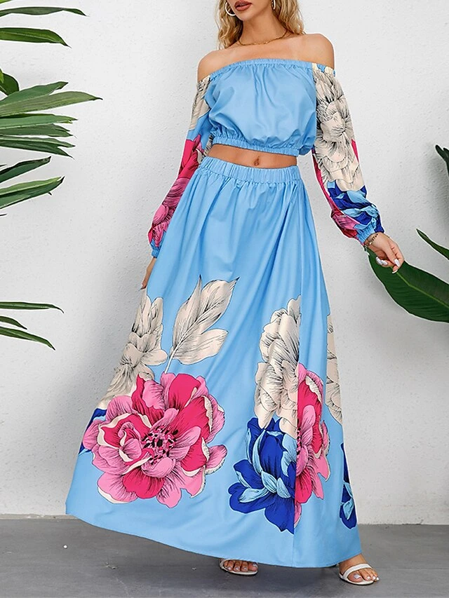 Women's Two Piece Dress Set Casual Dress Skirt Set Daily Going Out Casual Ruched Print Long Dress Maxi Dress Off Shoulder Long Sleeve Floral Regular Fit Blue Green Rose Red Fall Winter S M L XL XXL 2 Women's Two Piece Dress Set Casual Dress Skirt Set Daily Going Out Casual Ruched Print Long Dress Maxi Dress Off Shoulder Long Sleeve Floral Regular Fit Blue Green Rose Red Fall Winter S M L XL XXL - Image 2