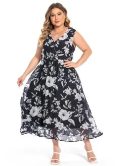 Women‘s Plus Size Curve Two Piece Dress Set Casual Dress Chiffon Dress Outdoor Daily Fashion Elegant Print Long Dress Maxi Dress V Neck Long Sleeve Floral Regular Fit Black Summer Spring -HAYz Clothing Shop nbmwzl1694770876150
