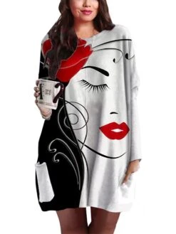 Women‘s Plus Size Curve Holiday Dress Graphic Crew Neck Print Long Sleeve Fall Winter Basic Short Mini Dress Casual Daily Dress