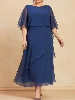 Women's Plus Size Curve Prom Dress Party Dress Wedding Guest Dress Long Dress Maxi Dress Blue Half Sleeve Pure Color Ruffle Spring Fall Autumn Crew Neck Fashion Evening Party Wedding Guest Fall Dress