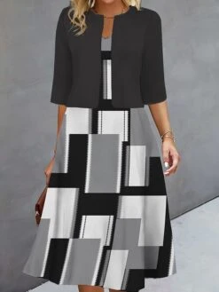 Women's Two Piece Dress Set Casual Dress Print Dress Outdoor Daily Fashion Elegant Print Midi Dress V Neck Half Sleeve Floral Geometric Regular Fit Silver Wine Navy Blue Fall Winter S M L XL XXL -HAYz Clothing Shop nbqwve1693278303529