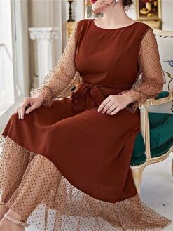 Women's Plus Size Prom Dress Party Dress Wedding Guest Dress Long Dress Maxi Dress Black Brown Long Sleeve Pure Color Lace Up Fall Winter Autumn Crew Neck Fashion Winter Dress Evening Party Wedding -HAYz Clothing Shop nbwyyi1693535310148