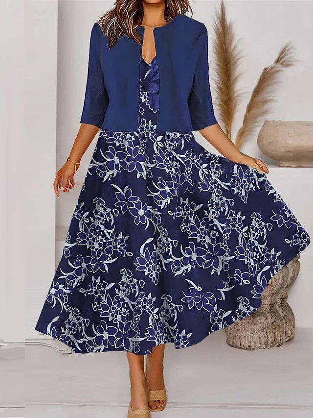 Women's Two Piece Dress Set Casual Dress Tank Dress Outdoor Daily Fashion Streetwear Pocket Print Midi Dress V Neck 3/4 Length Sleeve Floral Regular Fit Pink Navy Blue Royal Blue Spring Fall S M L XL 4 Women's Two Piece Dress Set Casual Dress Tank Dress Outdoor Daily Fashion Streetwear Pocket Print Midi Dress V Neck 3/4 Length Sleeve Floral Regular Fit Pink Navy Blue Royal Blue Spring Fall S M L XL - Image 4