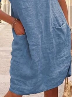 Women's Casual Dress Cotton Linen Dress Shift Dress Midi Dress Cotton Blend Basic Modern Outdoor Daily V Neck Pocket Short Sleeve Summer Spring 2023 Loose Fit Blue Plain S M L XL 2XL -HAYz Clothing Shop ncghqe1677823057067