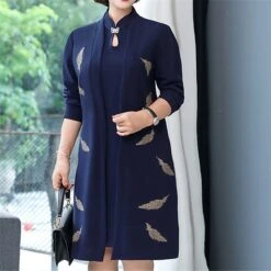 Women's Plus Size Curve Dress Set Formal Leaf V Neck Long Sleeve Fall Winter Elegant Work Knee Length Dress -HAYz Clothing Shop ncgqlw1640856480270