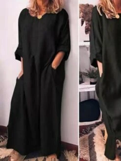 Women's Casual Dress Cotton Linen Dress Shift Dress Maxi Long Dress Bamboo Fashion Modern Outdoor Daily Vacation Crew Neck Pocket Long Sleeve Summer Spring Fall 2023 Regular Fit Black Yellow Wine -HAYz Clothing Shop ncuwlu1682673906464