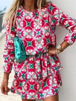 Women's Two Piece Dress Set Casual Dress Skirt Set Daily Holiday Fashion Streetwear Ruffle Print Mini Dress Crew Neck Long Sleeve Floral Loose Fit Red Summer Spring S M L XL