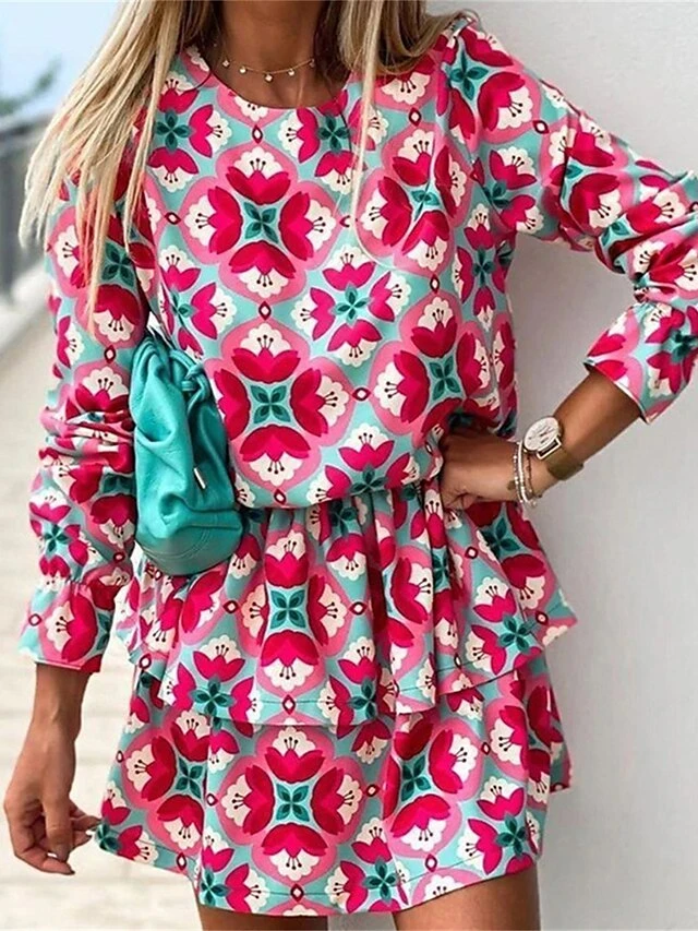 Women's Two Piece Dress Set Casual Dress Skirt Set Daily Holiday Fashion Streetwear Ruffle Print Mini Dress Crew Neck Long Sleeve Floral Loose Fit Red Summer Spring S M L XL 1 Women's Two Piece Dress Set Casual Dress Skirt Set Daily Holiday Fashion Streetwear Ruffle Print Mini Dress Crew Neck Long Sleeve Floral Loose Fit Red Summer Spring S M L XL