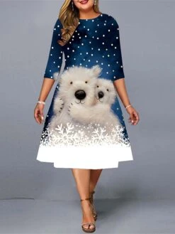 Women‘s Christmas Plus Size Work Dress Animal Crew Neck Print 3/4 Length Sleeve Fall Spring Elegant Midi Dress Work Going Out Dress -HAYz Clothing Shop ncwvhi1667539138299