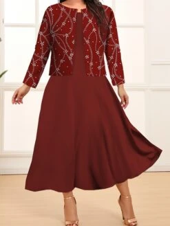 Women's Plus Size Two Piece Dress Set Casual Dress Swing Dress Outdoor Office Fashion Streetwear Print Midi Dress Crew Neck Long Sleeve Floral Plaid Regular Fit Pink Dark Pink Blue Fall Winter L XL -HAYz Clothing Shop ncxtjn1693213904989