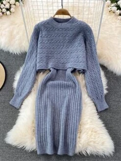 Women's Two Piece Dress Set Casual Dress Sheath Dress Outdoor Daily Fashion Streetwear Ruched Midi Dress Crew Neck Long Sleeve Plain Loose Fit Black White Wine Fall Winter One-Size -HAYz Clothing Shop ncyxvq1694057146900