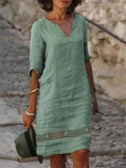 Women's Casual Dress Cotton Linen Dress Shift Dress Midi Dress Cotton Blend Fashion Modern Outdoor Daily Vacation V Neck Lace Up Hollow Out Half Sleeve Summer Spring Fall 2023 Regular Fit Red Blue