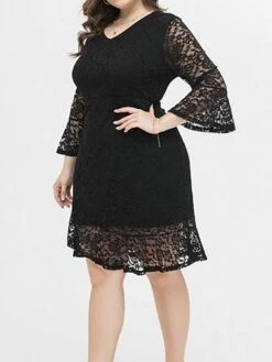 Women's Plus Size Party Dress Lace Dress Cocktail Dress Midi Dress Black 3/4 Length Sleeve Pure Color Lace Spring Fall Winter V Neck Fashion Winter Dress Birthday Wedding Guest 2023 XL XXL 3XL 4XL -HAYz Clothing Shop ndddkq1693535468274
