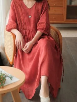 Women's Casual Dress Cotton Linen Dress Midi Dress Linen / Cotton Blend Basic Classic Outdoor Daily Vacation V Neck Lace Up 3/4 Length Sleeve Fall Autumn 2023 Loose Fit Black White Yellow Plain M L -HAYz Clothing Shop ndgaki1693203396137