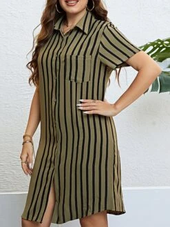 Women‘s Plus Size Curve Shirt Dress Casual Dress Shift Dress Midi Dress Outdoor Daily Vacation Polyester Fashion Modern Shirt Collar Button Pocket Short Sleeve Summer Spring 2023 Regular Fit -HAYz Clothing Shop ndjkzj1691465822007