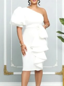 Women‘s Plus Size Curve Party Dress Solid Color One Shoulder Ruffle Short Sleeve Spring Fall Prom Dress Midi Dress Casual Daily Dress -HAYz Clothing Shop ndxebk1656067341505