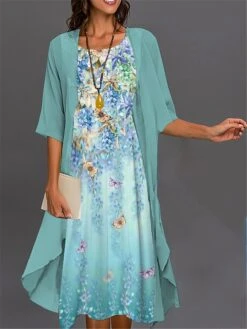 Women's Two Piece Dress Set Casual Dress Print Dress Outdoor Daily Fashion Elegant Print Midi Dress Crew Neck 3/4 Length Sleeve Floral Loose Fit Blue Sky Blue Dark Green Summer Spring S M L XL XXL -HAYz Clothing Shop nehydt1688725824857