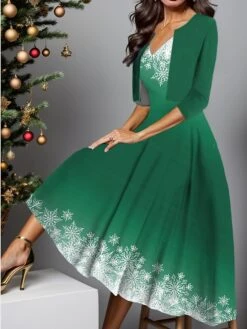 Women's Two Piece Dress Set Casual Dress Swing Dress Outdoor Christmas Fashion Elegant Print Midi Dress V Neck Half Sleeve Snowflake Ombre Regular Fit Burgundy Navy Blue Blue Fall Winter S M L XL XXL -HAYz Clothing Shop neiyac1697181062868