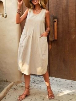 Women's Casual Dress Cotton Linen Dress Tank Dress Midi Dress Cotton Blend Basic Classic Outdoor Daily U Neck Pocket Sleeveless Summer Spring 2023 Loose Fit Navy Blue Blue Brown Plain S M L XL 2XL -HAYz Clothing Shop nemhah1689916778987