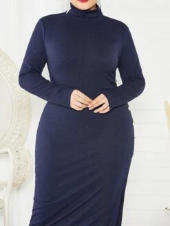 Women's Plus Size Curve Casual Dress Sweater Dress Sheath Dress Plain Midi Dress Long Sleeve Button Split Stand Collar Fashion Daily Black Wine Fall Winter XL XXL 3XL 4XL 5XL -HAYz Clothing Shop nexbpt1694151471900