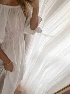 Women's Casual Dress Cotton Linen Dress White Dress Maxi Long Dress Linen / Cotton Blend Basic Classic Outdoor Daily Vacation Off Shoulder Backless Split Half Sleeve Summer Spring Fall 2023 Loose Fit -HAYz Clothing Shop nfawec1689325821068