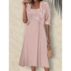 Women's Two Piece Dress Set Party Dress Lace Dress Party Wedding Guest Elegant Modern Lace Patchwork Midi Dress Crew Neck Half Sleeve Floral Plain Regular Fit Pink Blue Purple Summer Spring S M L XL