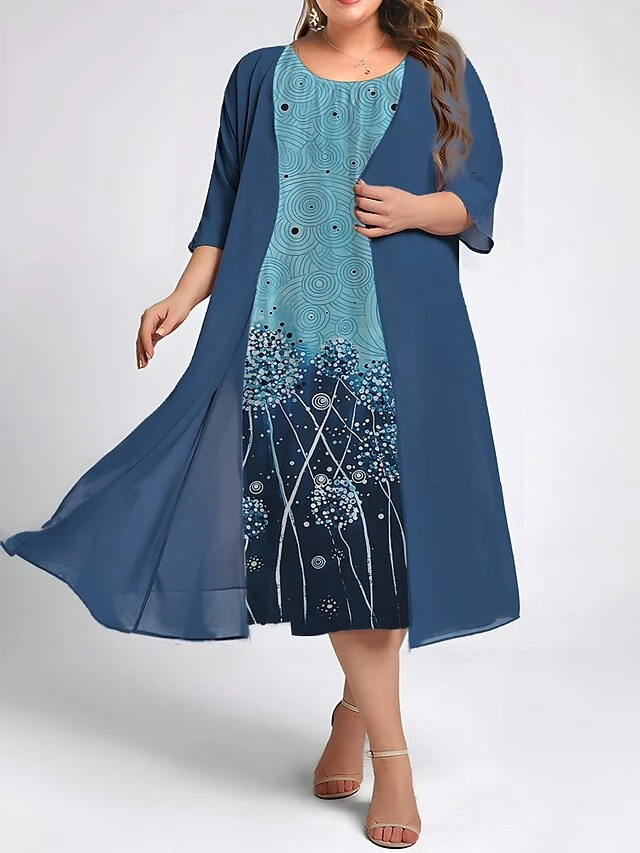Women's Plus Size Two Piece Dress Set Casual Dress Swing Dress Outdoor Daily Fashion Elegant Print Midi Dress Crew Neck 3/4 Length Sleeve Floral Dandelion Loose Fit Navy Blue Blue Purple Fall Winter 2 Women's Plus Size Two Piece Dress Set Casual Dress Swing Dress Outdoor Daily Fashion Elegant Print Midi Dress Crew Neck 3/4 Length Sleeve Floral Dandelion Loose Fit Navy Blue Blue Purple Fall Winter - Image 2