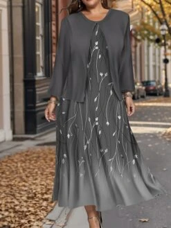 Women's Plus Size Two Piece Dress Set Casual Dress Swing Dress Outdoor Office Fashion Streetwear Print Midi Dress Crew Neck Long Sleeve Floral Ombre Regular Fit Wine Blue Green Fall Winter L XL XXL -HAYz Clothing Shop nfmdbq1697784868203