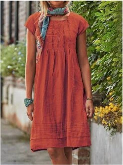 Women's Casual Dress Cotton Linen Dress Midi Dress Cotton Blend Basic Classic Outdoor Daily Crew Neck Basic Short Sleeve Summer Spring 2023 Loose Fit Black Yellow Sky Blue Plain S M L XL 2XL -HAYz Clothing Shop nfqlff1693908578900