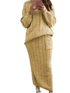 Women's Two Piece Dress Set Casual Dress Skirt Set Daily Holiday Fashion Streetwear Pocket Ribbed Long Dress Maxi Dress Crew Neck Long Sleeve Plain Loose Fit Black Yellow Wine Fall Winter S M L XL XXL -HAYz Clothing Shop ngerou1694165730963