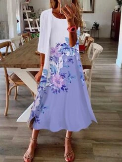 Women's Two Piece Dress Set Casual Dress Print Dress Outdoor Daily Fashion Elegant Print Midi Dress Crew Neck 3/4 Length Sleeve Floral Regular Fit Wine Blue Purple Summer Spring S M L XL XXL -HAYz Clothing Shop ngetai1688022673778