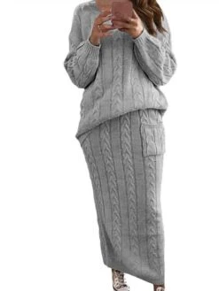 Women's Two Piece Dress Set Casual Dress Skirt Set Daily Holiday Fashion Streetwear Pocket Ribbed Long Dress Maxi Dress Crew Neck Long Sleeve Plain Loose Fit Black Yellow Wine Fall Winter S M L XL XXL -HAYz Clothing Shop ngtbks1694165729475