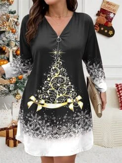Women's Plus Size Curve Christmas Dress Casual Dress Winter Dress Christmas Tree Snowflake Mini Dress Long Sleeve Print V Neck Fashion Outdoor Black Wine Fall Winter L XL 2XL 3XL 4XL -HAYz Clothing Shop nhczzu1697799819541