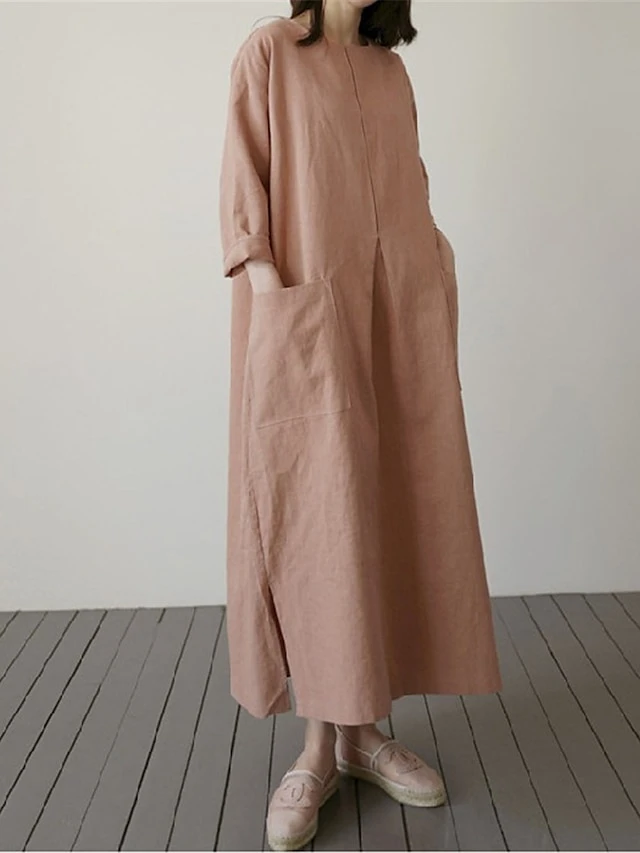 Women's Casual Dress Cotton Linen Dress Maxi Long Dress Linen / Cotton Blend Basic Classic Outdoor Daily Vacation Crew Neck Pocket Split 3/4 Length Sleeve Spring Fall Autumn 2023 Loose Fit Red Apricot 4 Women's Casual Dress Cotton Linen Dress Maxi Long Dress Linen / Cotton Blend Basic Classic Outdoor Daily Vacation Crew Neck Pocket Split 3/4 Length Sleeve Spring Fall Autumn 2023 Loose Fit Red Apricot - Image 4
