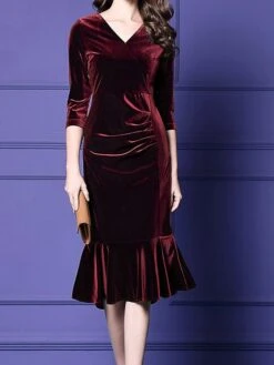 Women's Plus Size Curve Party Dress Velvet Dress Winter Dress Solid Color Midi Dress Long Sleeve Ruched V Neck Fashion Party Black Wine Fall Winter L XL XXL 3XL 4XL -HAYz Clothing Shop nhhbss1694576157529