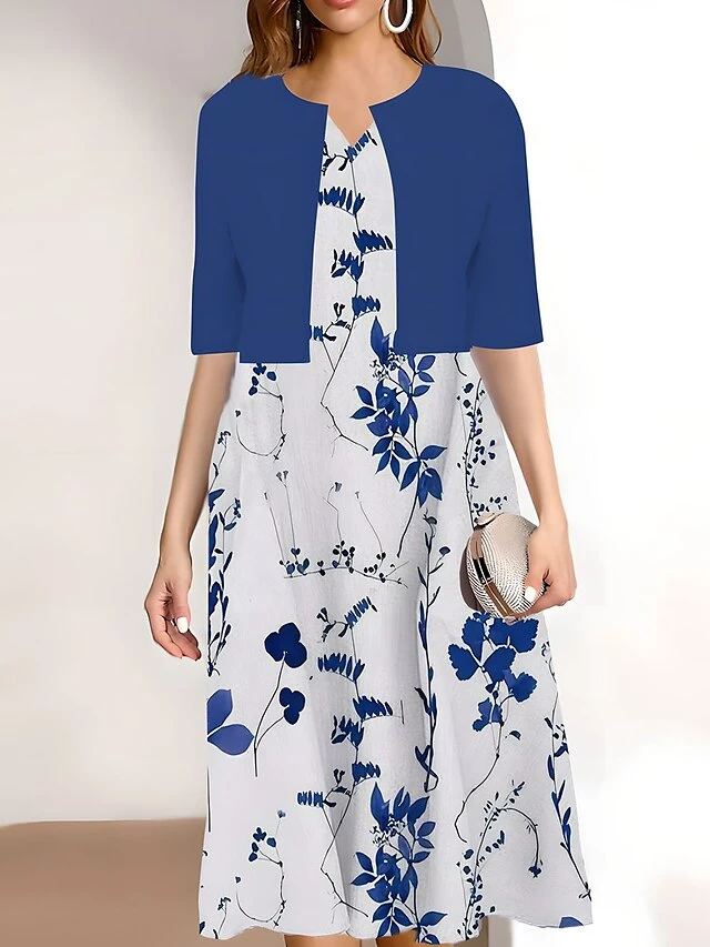 Women's Two Piece Dress Set Casual Dress Print Dress Outdoor Daily Fashion Elegant Print Midi Dress V Neck Half Sleeve Floral Print Regular Fit Pink Navy Blue Sky Blue Summer Spring S M L XL XXL 2 Women's Two Piece Dress Set Casual Dress Print Dress Outdoor Daily Fashion Elegant Print Midi Dress V Neck Half Sleeve Floral Print Regular Fit Pink Navy Blue Sky Blue Summer Spring S M L XL XXL - Image 2
