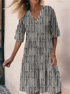 Women's Casual Dress Cotton Linen Dress Midi Dress Polyester Fashion Casual Daily Outdoor Daily Vacation V Neck Print Half Sleeve Spring Fall Autumn 2023 Loose Fit Black White Khaki Geometric Color -HAYz Clothing Shop nhydmy1692605838441